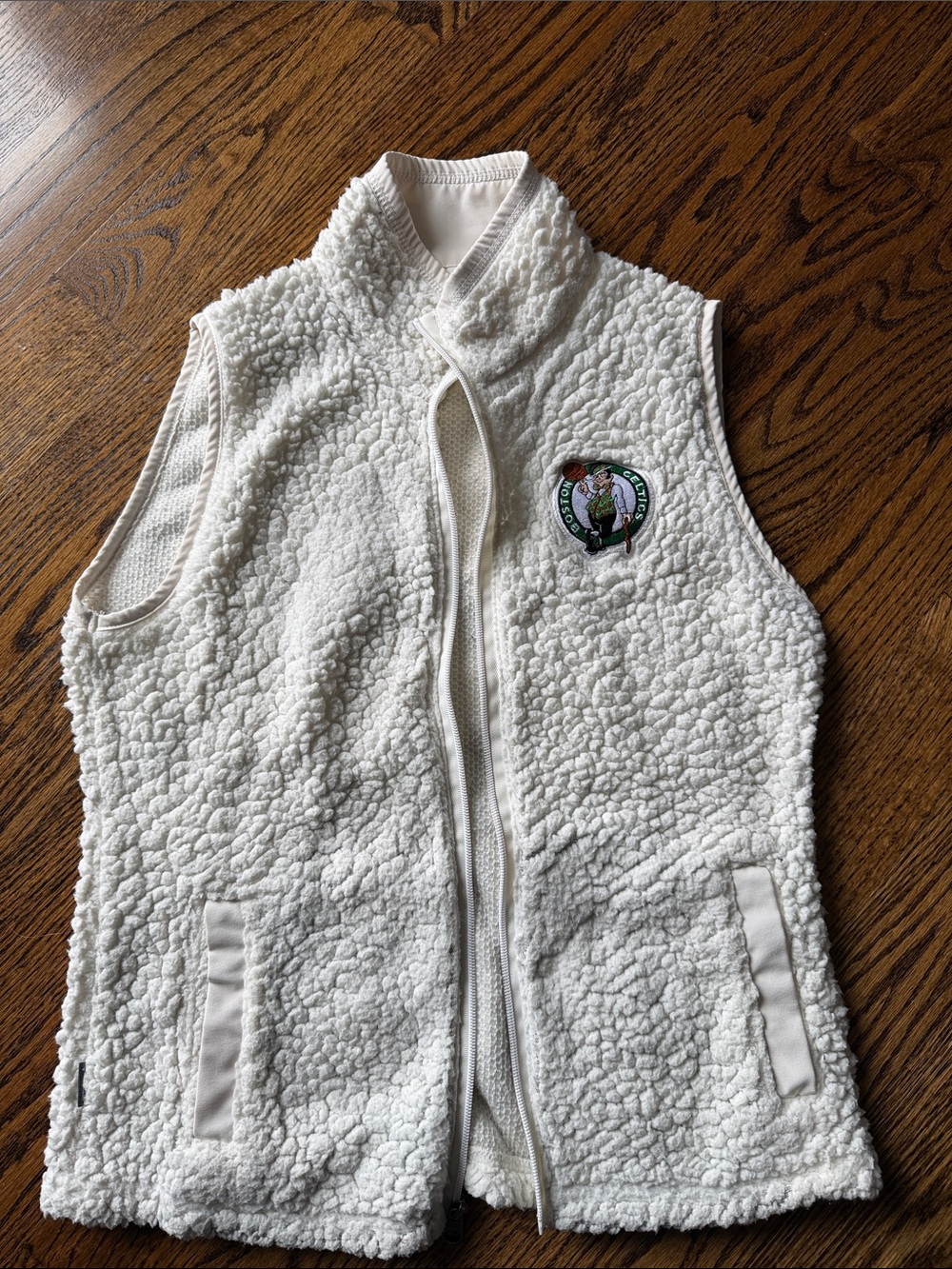 Antigua White Sherpa Zip-Front Vest with Embroidered Patch